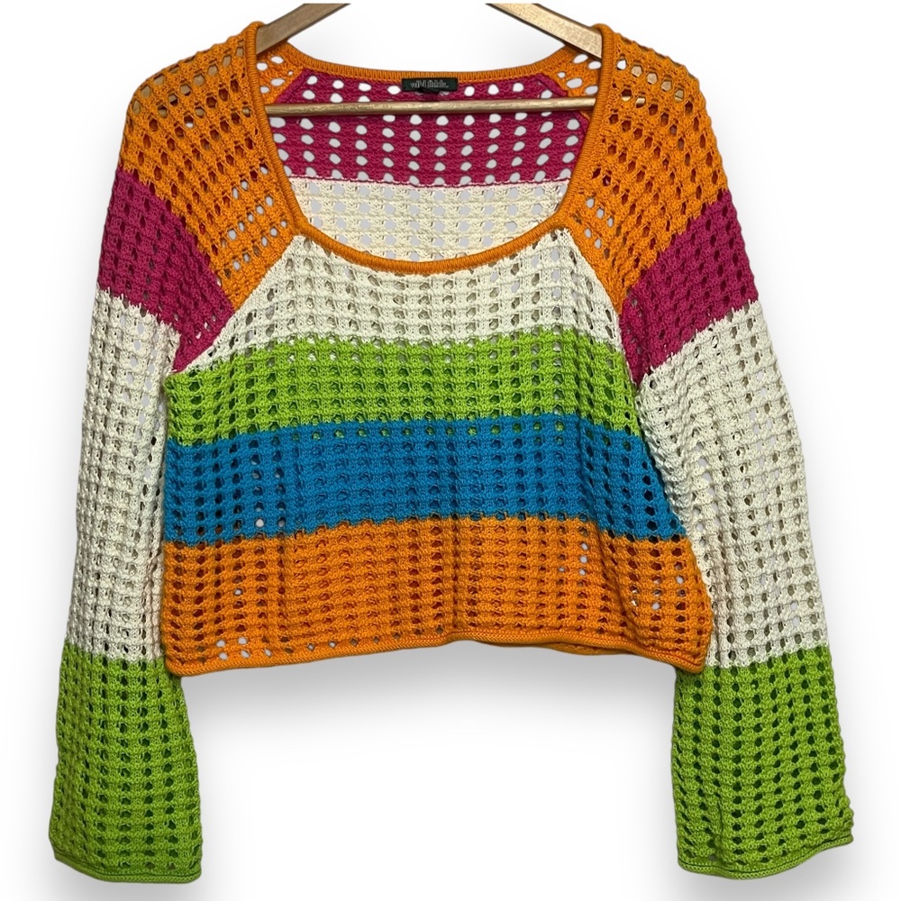 Wild Fable Women's Multi Color Striped Crochet Cropped Sweater‎ Sz S Square Neck